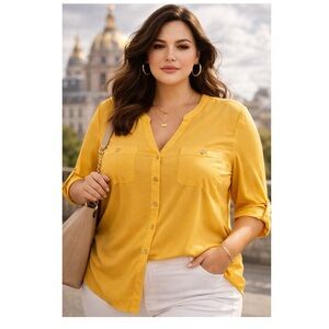 ELLEN TRACY Mustard Gold Button Front Blouse Roll Tab Sleeve 2 Pocket Top Sz 1X